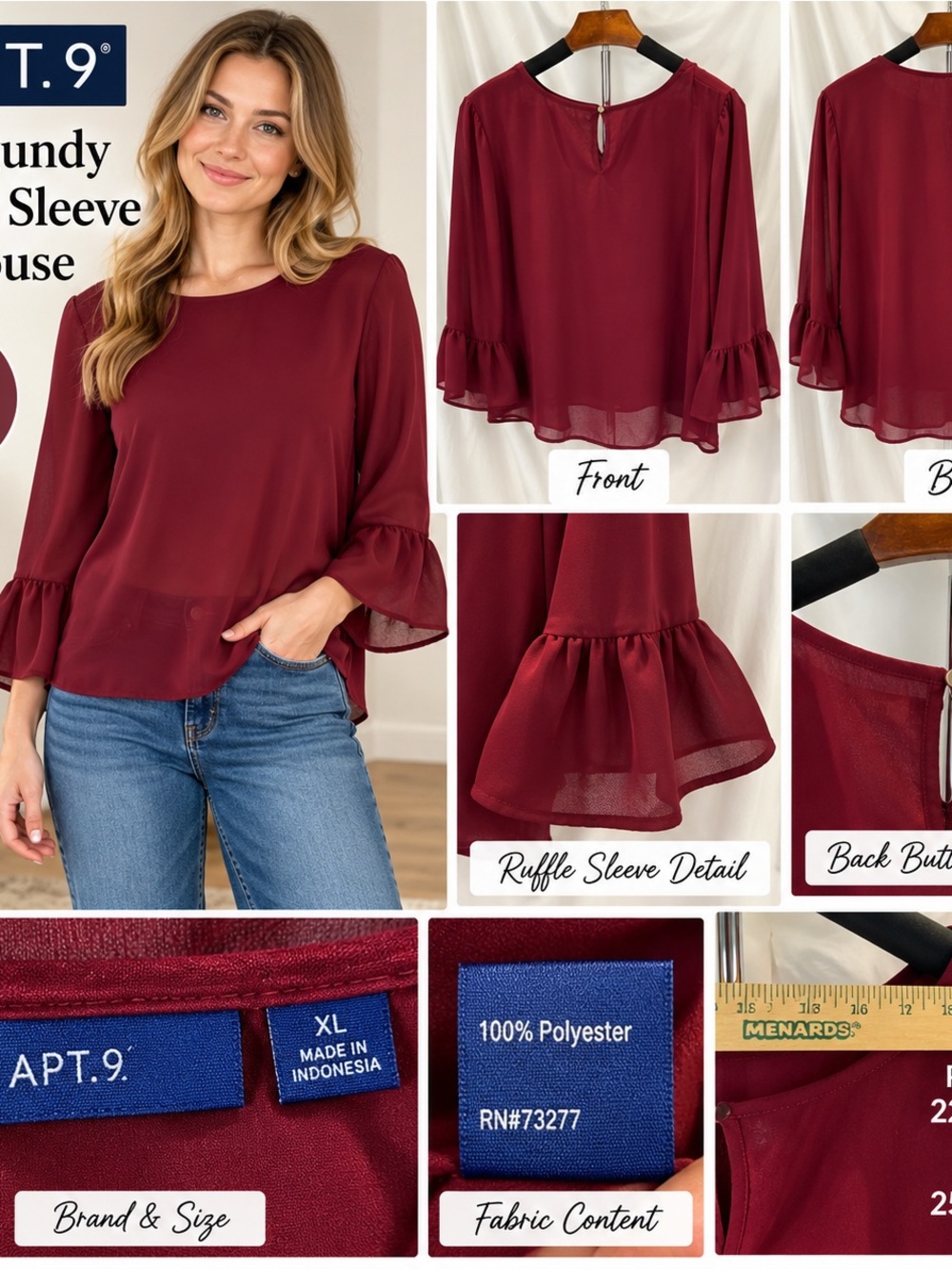 Apt. 9 Burgundy Ruffle Bell Sleeve Blouse